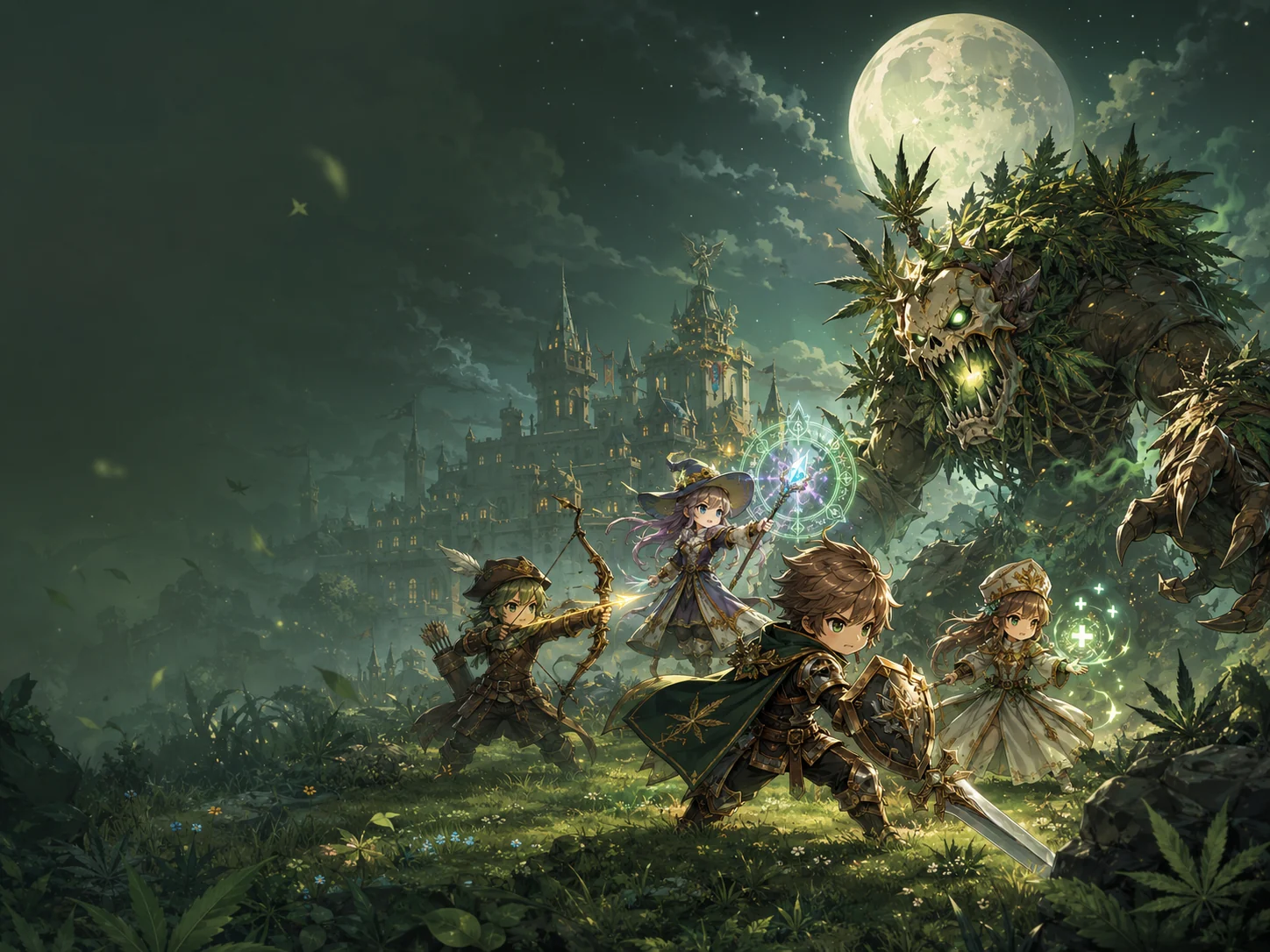 Fantasy adventuring party facing a massive forest MVP outside a moonlit castle