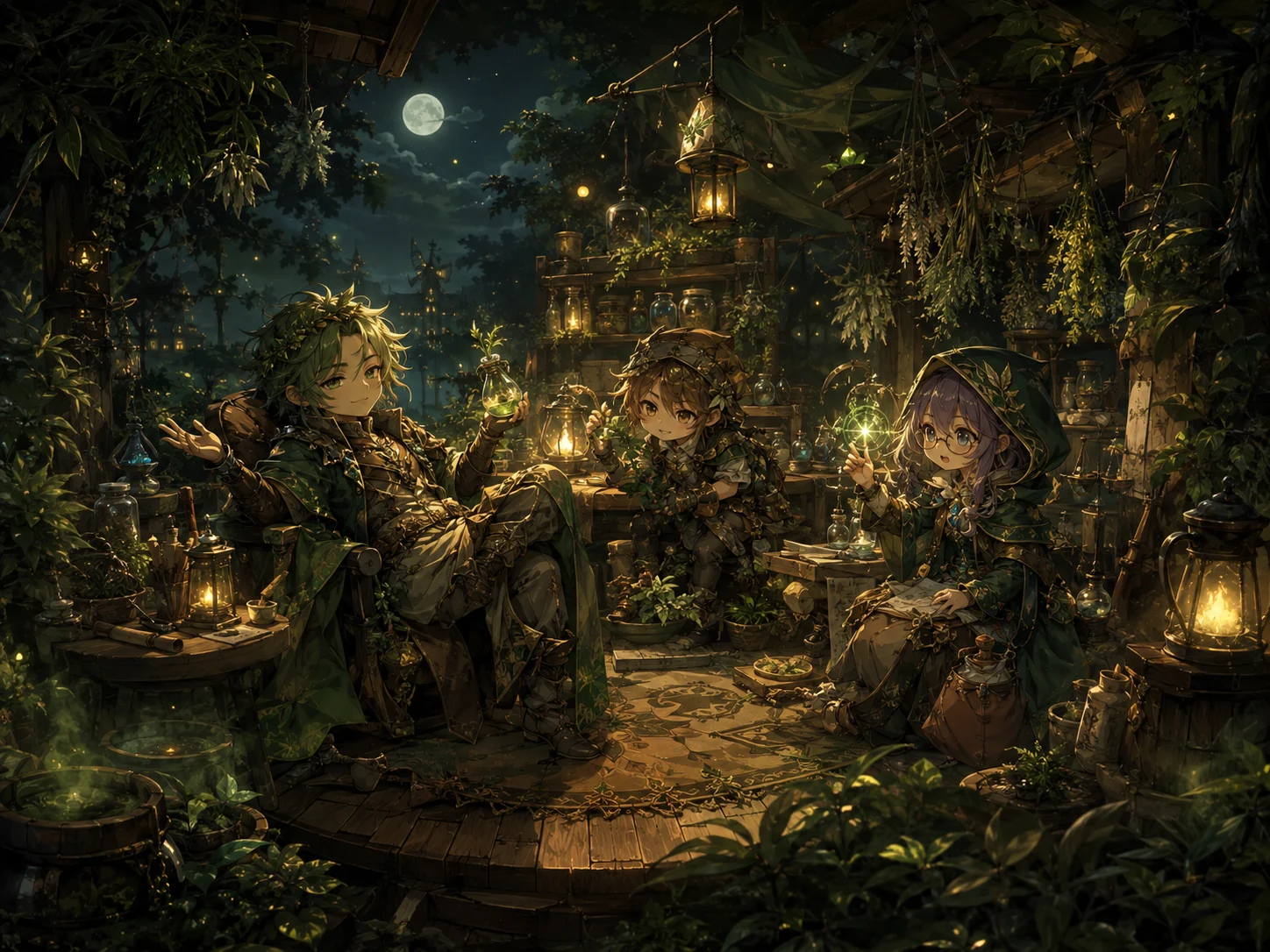Moonlit fantasy herbal workshop with adventurers